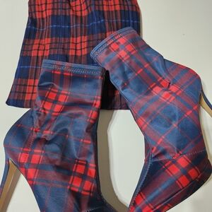 Plaid Stretch Sock Boots in Navy and Red